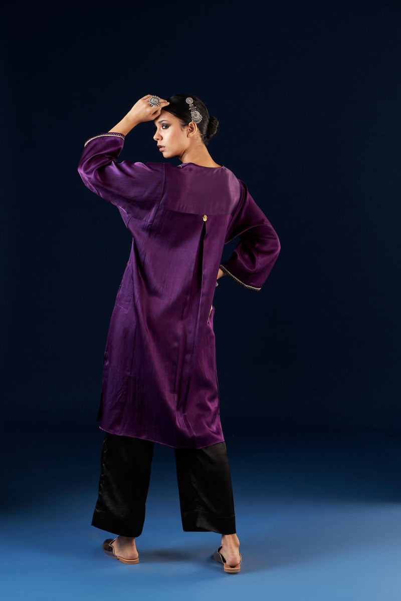Kalidaar Kurta Set - Deep Purple & Coal black silk by Aavidi in purple color for women Worldwide