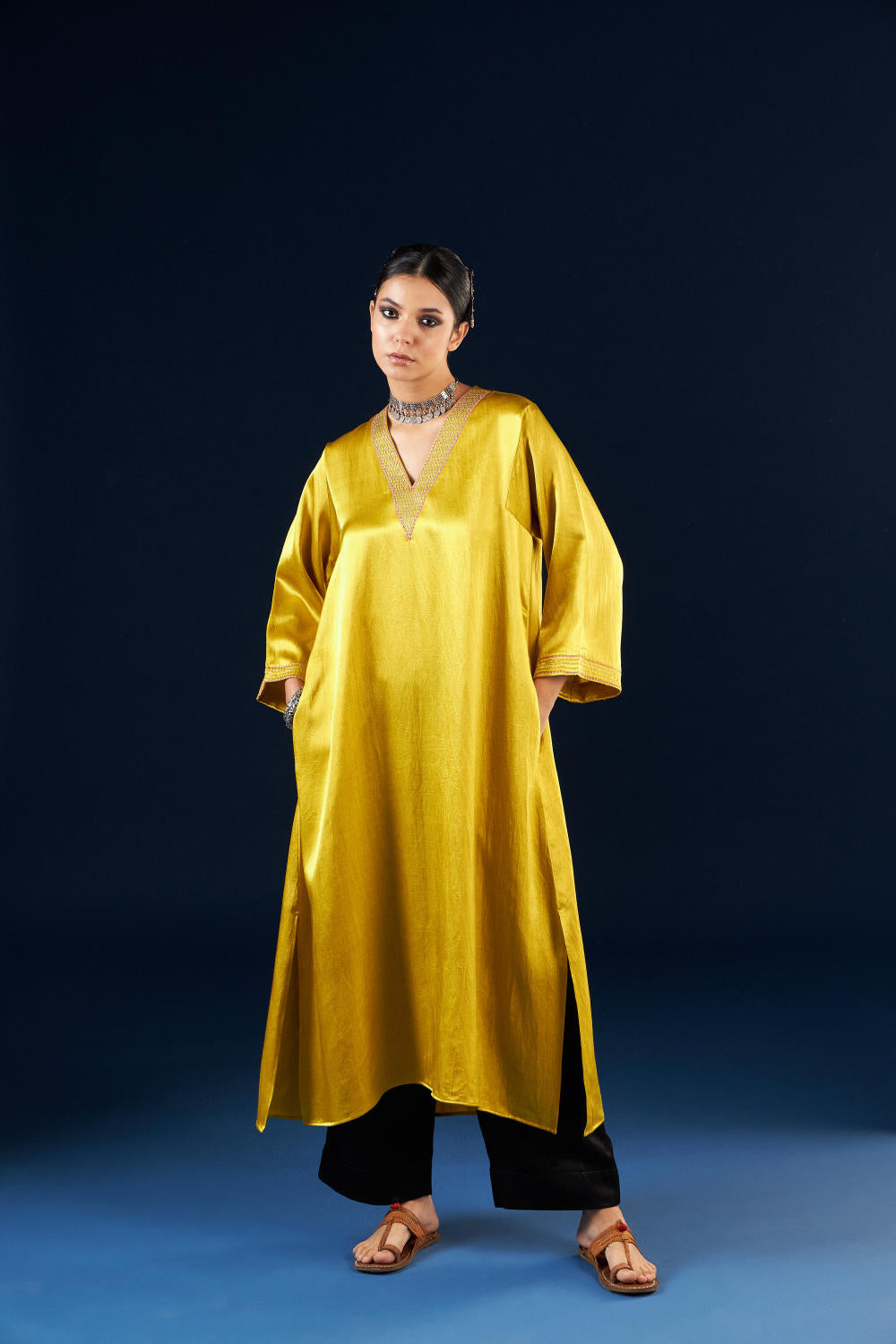 A line Kurta set - Gold yellow & Coal Black