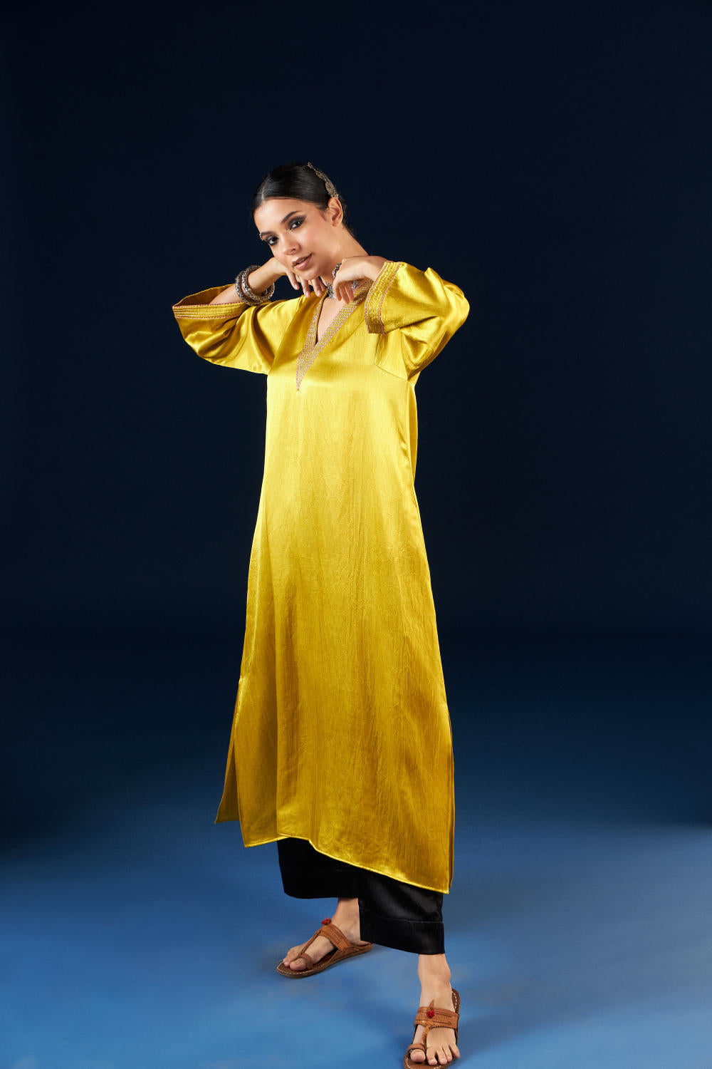 A line Kurta set - Gold yellow & Coal Black