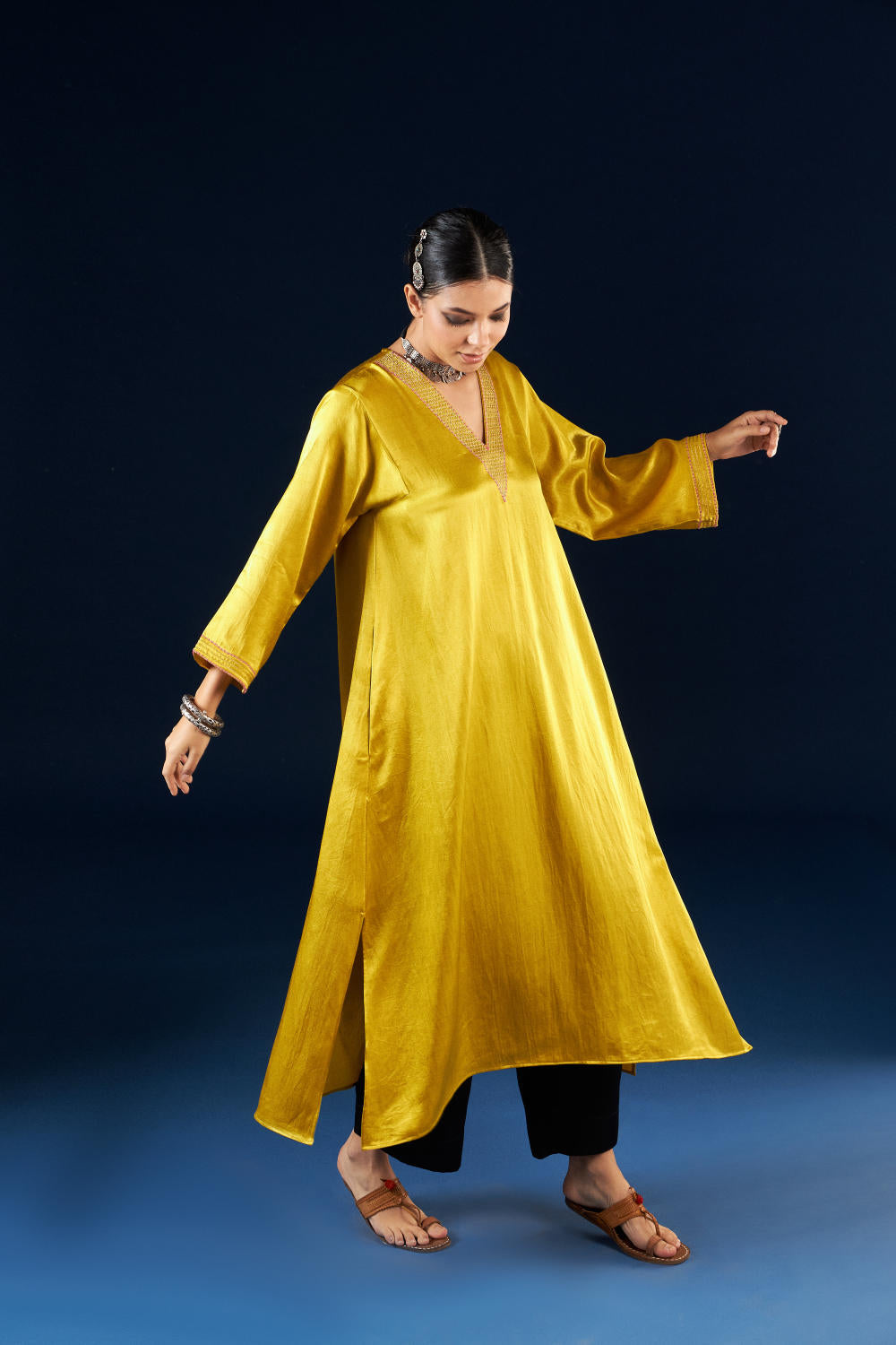 A line Kurta set - Gold yellow & Coal Black