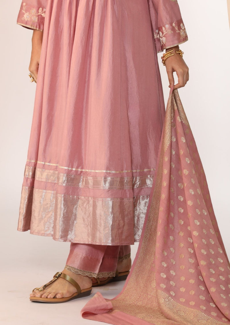 Silk pintucked kurta with handwork embroidery chanderi by Myoho in pink color for women Worldwide