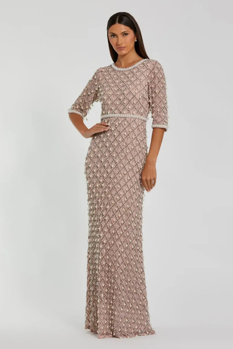 Pink Pearl Embellished 3/4 Sleeve Gown by Mac Duggal for women Worldwide