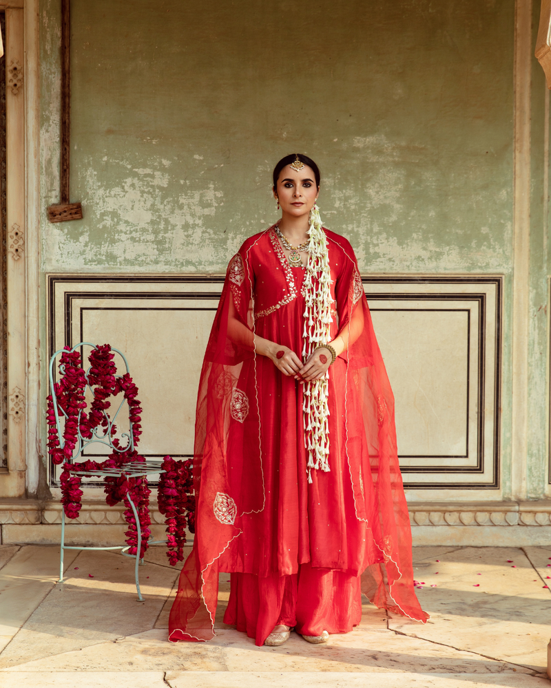 Deep Red Zari Embroidered Kalidar Set silk by Maison Shefali in red color for women Worldwide