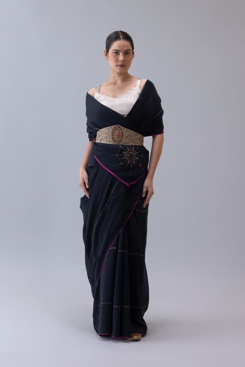 Gyanak Saree-Black chanderi by Shades of India in black color for women Worldwide