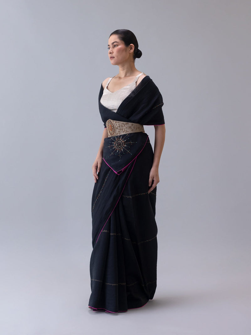 Gyanak Saree-Black chanderi by Shades of India in black color for women Worldwide