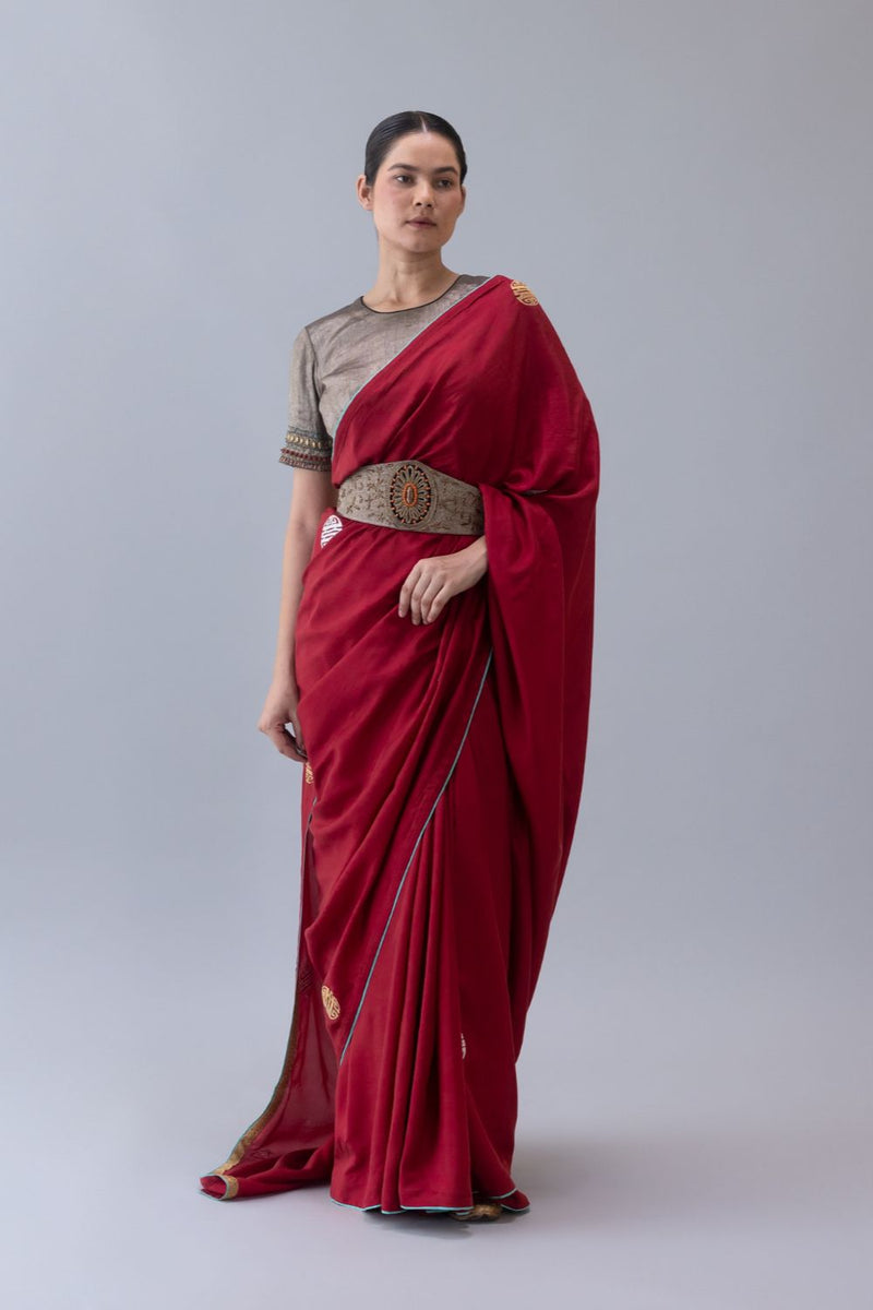 Drukyul Saree-Red silk by Shades of India in red color for women Worldwide