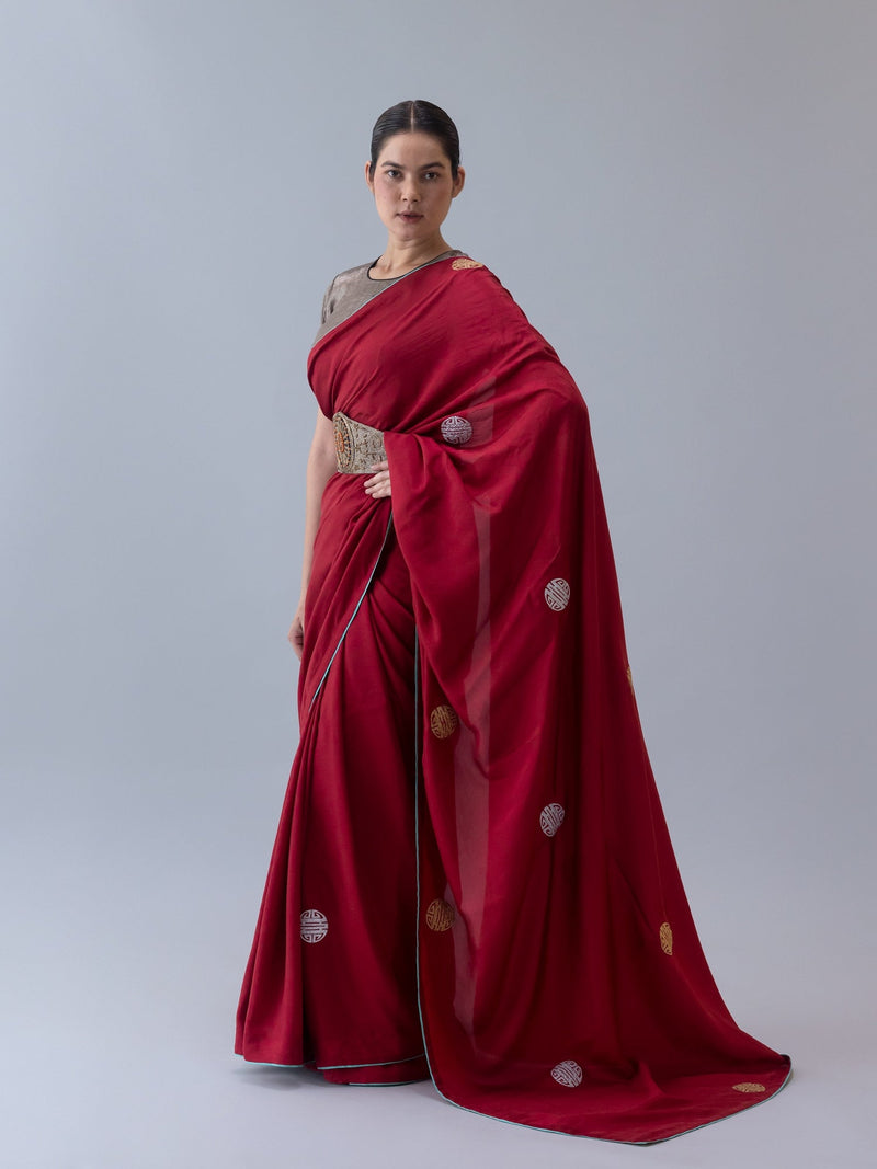 Drukyul Saree-Red silk by Shades of India in red color for women Worldwide
