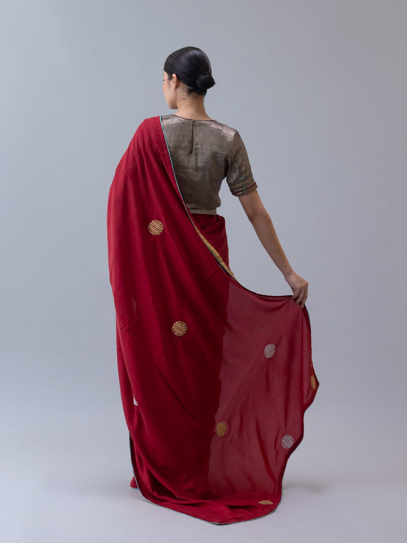 Drukyul Saree-Red silk by Shades of India in red color for women Worldwide