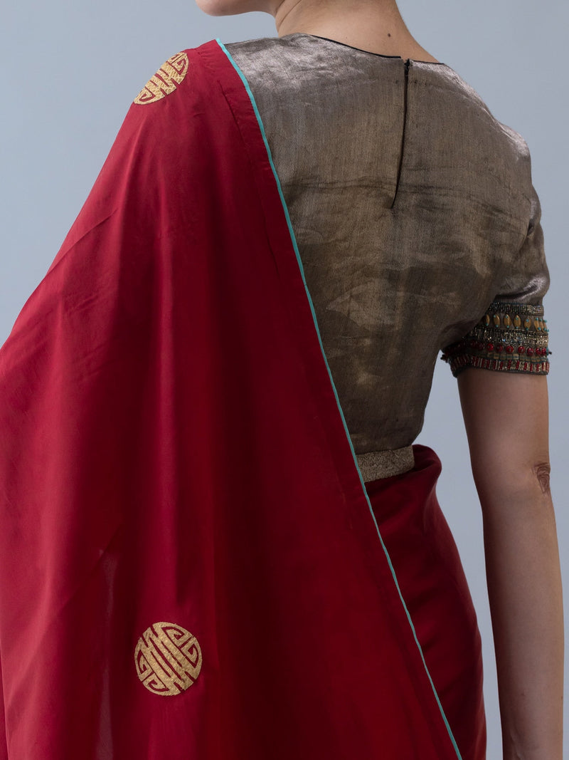 Drukyul Saree-Red silk by Shades of India in red color for women Worldwide