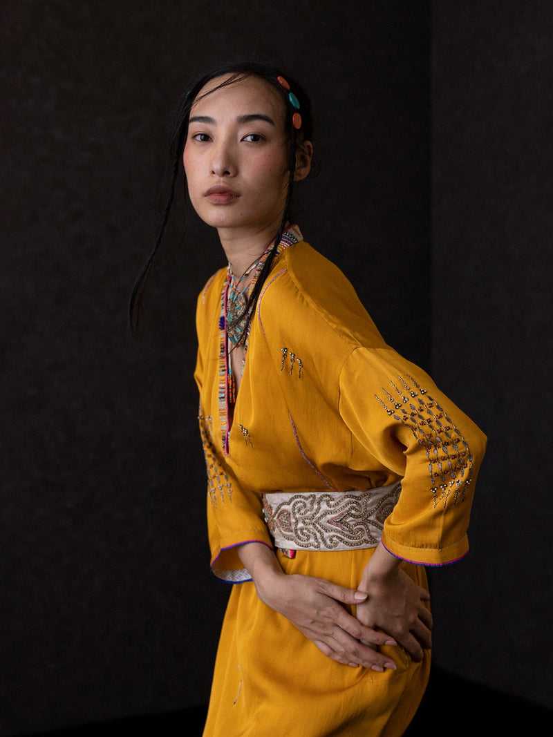 Joma Kaftan-Yellow by Shades of India in yellow color for women Worldwide