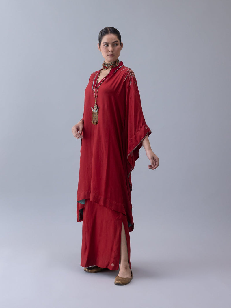Tshog Kaftan-Deep Red silk by Shades of India in red color for women Worldwide