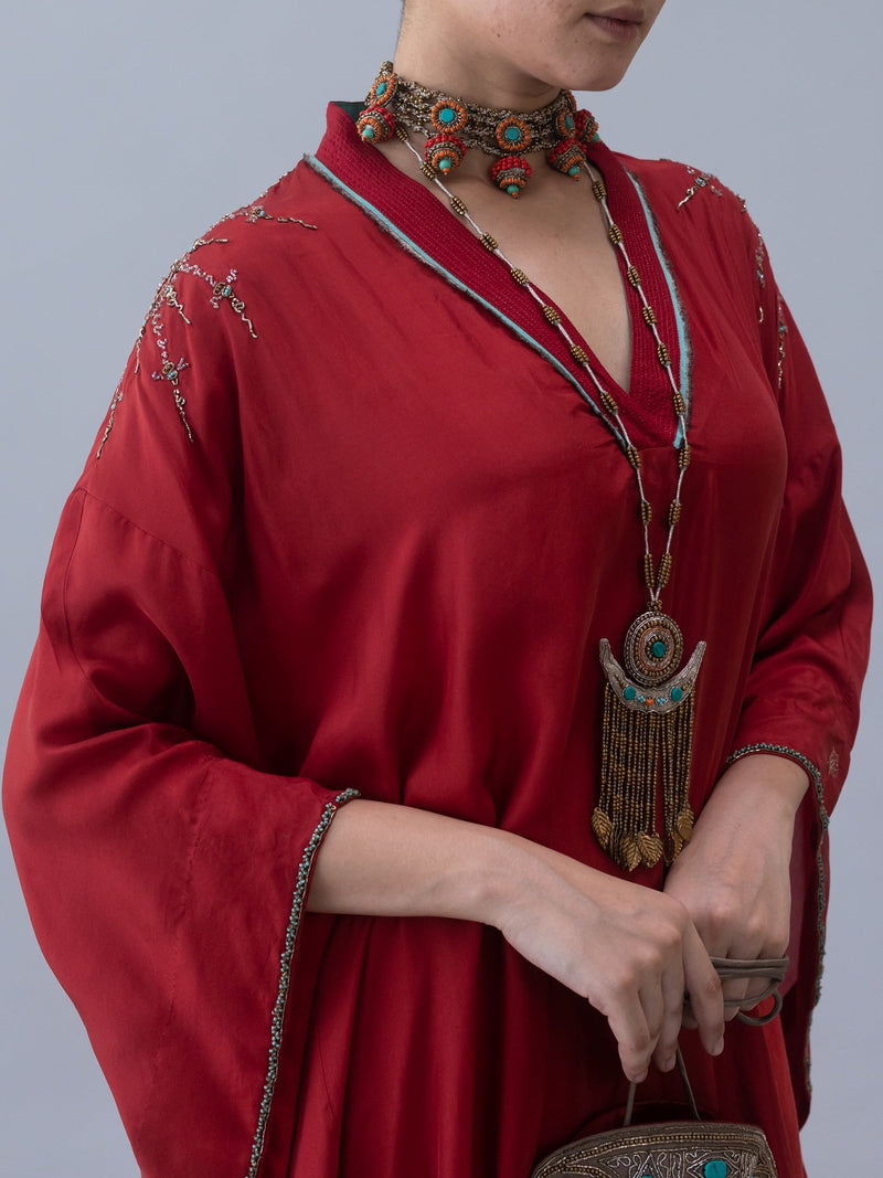 Tshog Kaftan-Deep Red silk by Shades of India in red color for women Worldwide