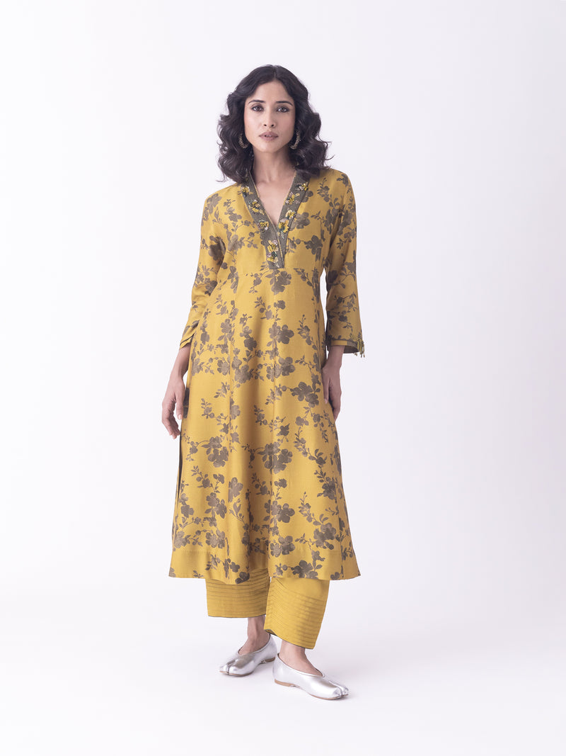 Mrida-Kurta silk blend kurta/kurta set by Shades of India in mustard for women Worldwide