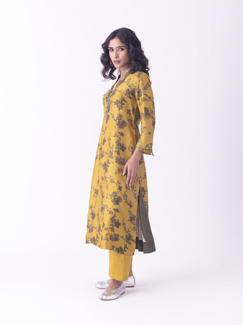 Mrida-Kurta silk blend kurta/kurta set by Shades of India in mustard for women Worldwide