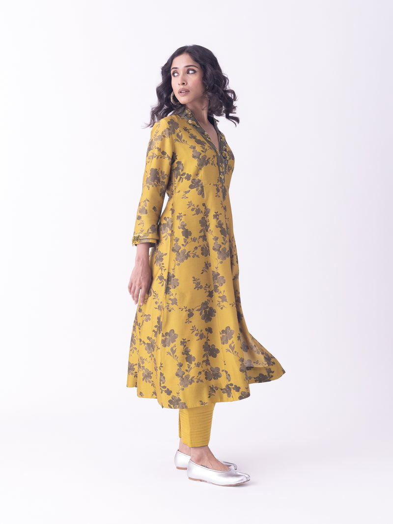 Mrida-Kurta silk blend kurta/kurta set by Shades of India in mustard for women Worldwide