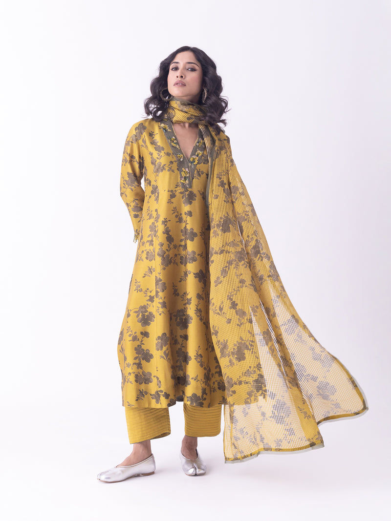 Mrida-Kurta silk blend kurta/kurta set by Shades of India in mustard for women Worldwide