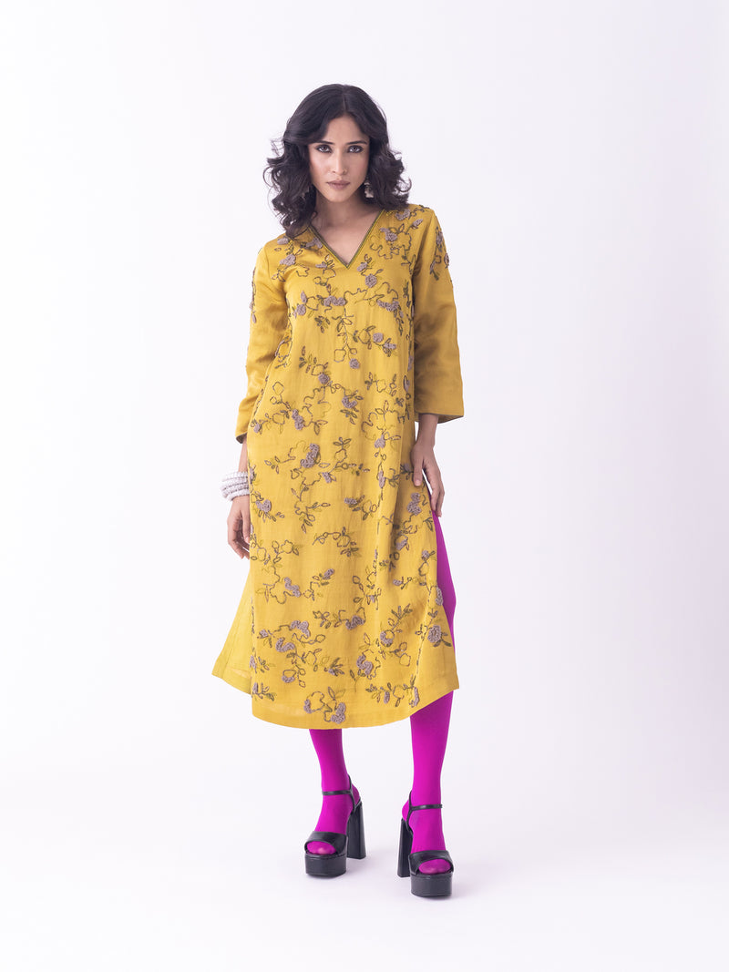 Nav-Kurta linen blend kurta/kurta set by Shades of India in mustard for women Worldwide