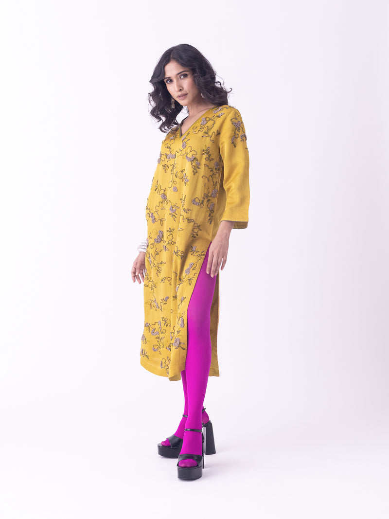 Nav-Kurta linen blend kurta/kurta set by Shades of India in mustard for women Worldwide