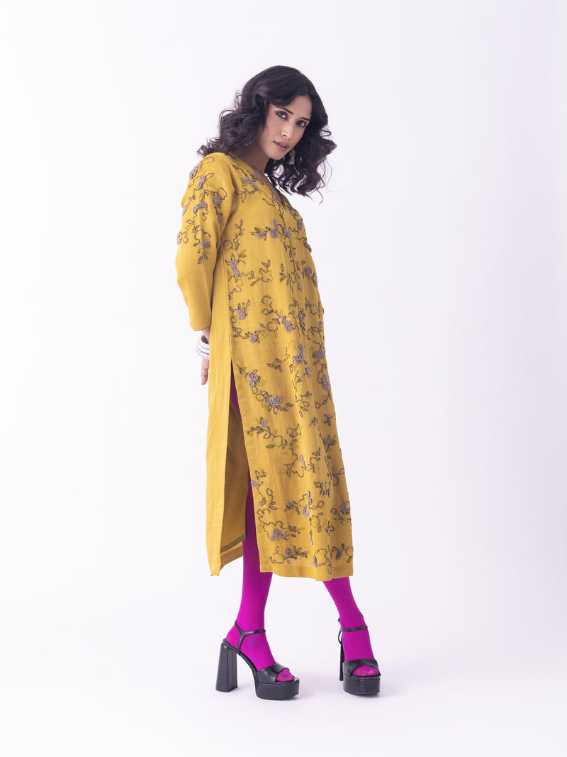 Nav-Kurta linen blend kurta/kurta set by Shades of India in mustard for women Worldwide