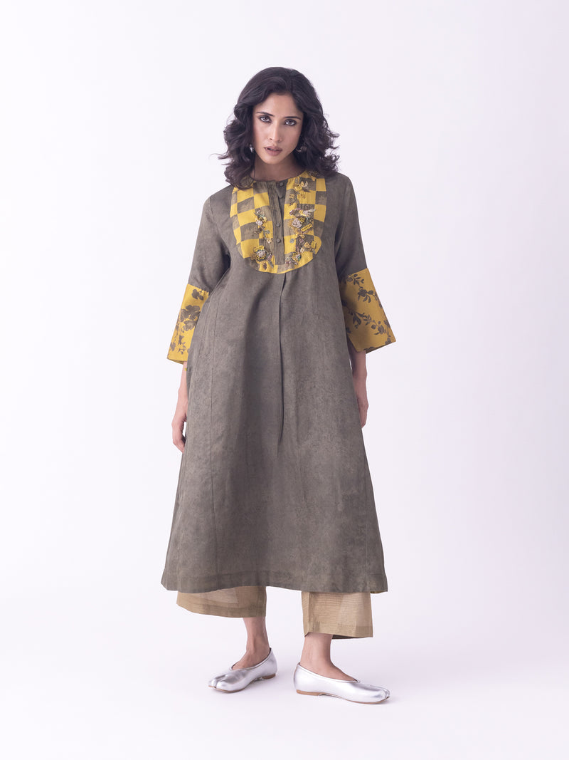 Aari-Kurta silk cotton satin kurta/kurta set by Shades of India in olive for women Worldwide