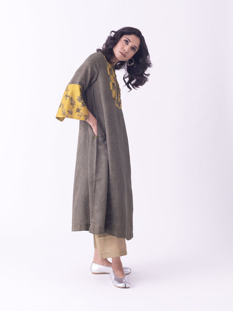 Aari-Kurta silk cotton satin kurta/kurta set by Shades of India in olive for women Worldwide