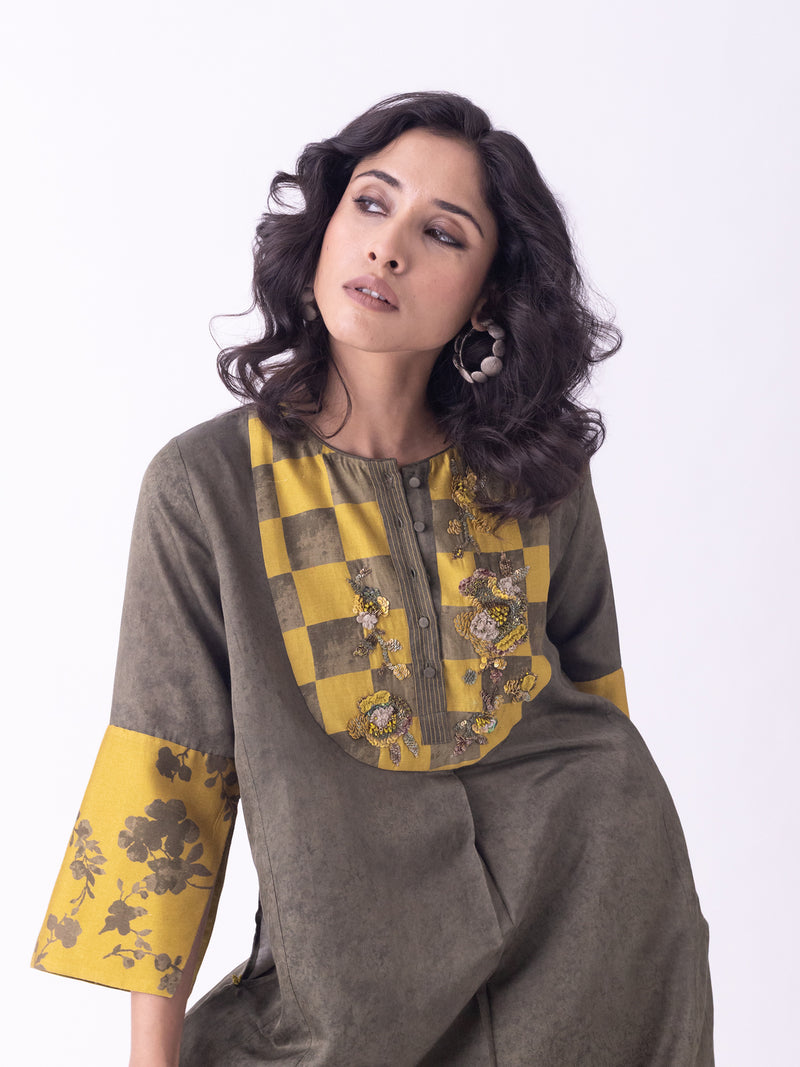 Aari-Kurta silk cotton satin kurta/kurta set by Shades of India in olive for women Worldwide