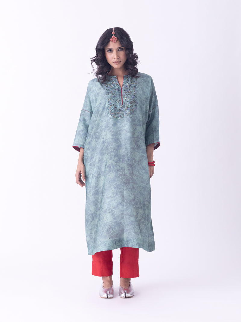 Dhara-Kaftan silk blend indo-western by Shades of India in teal for women Worldwide