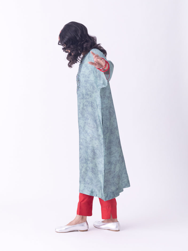 Dhara-Kaftan silk blend indo-western by Shades of India in teal for women Worldwide