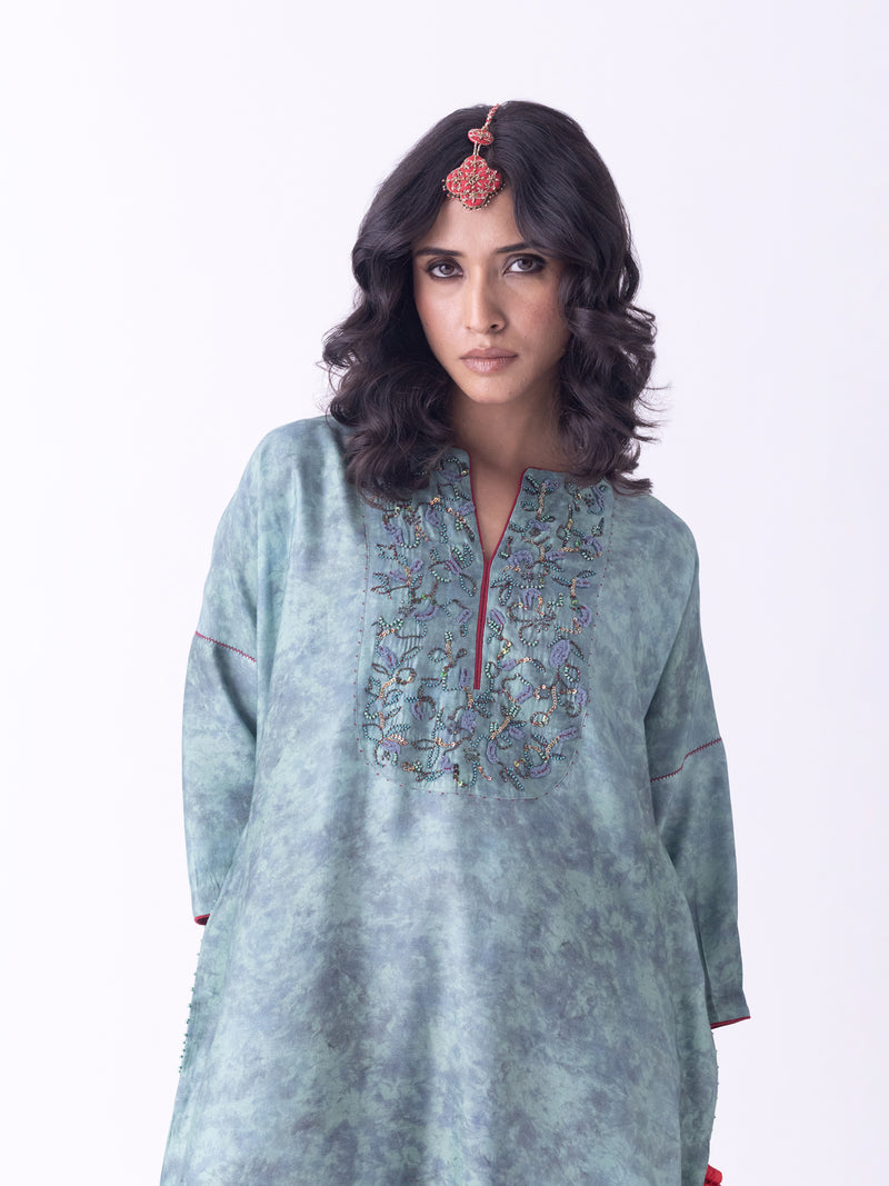 Dhara-Kaftan silk blend indo-western by Shades of India in teal for women Worldwide