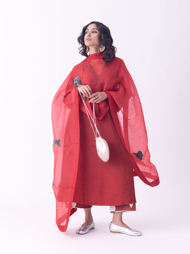 Vaski-Dupatta silk organza dupatta by Shades of India in red for women Worldwide