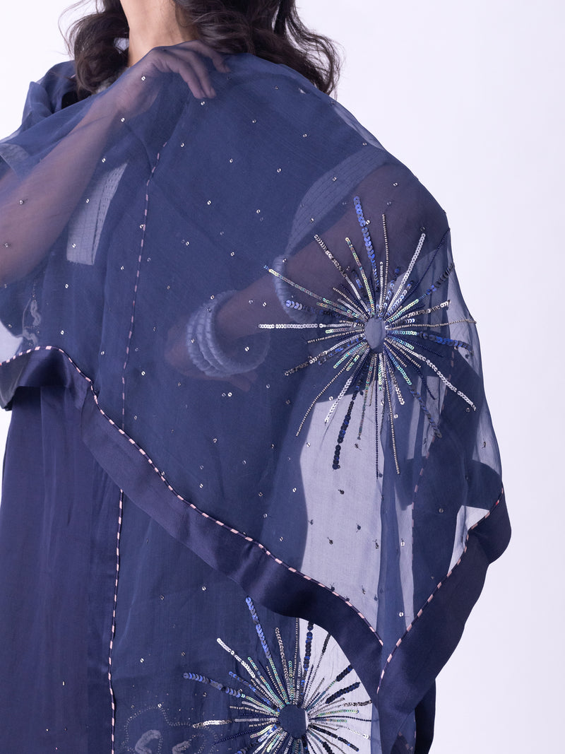 Vana-Dupatta silk organza dupatta by Shades of India in indigo for women Worldwide