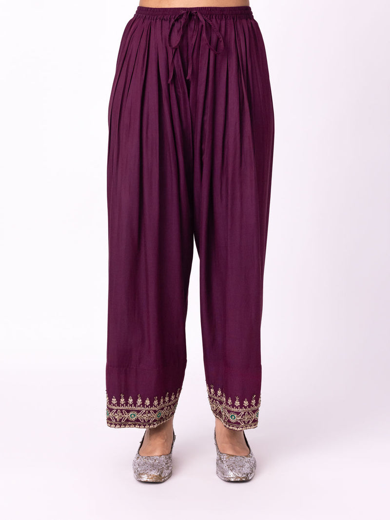 Chaila Salwar silk cotton satin pyjama/salwar by Shades of India in wine for women Worldwide