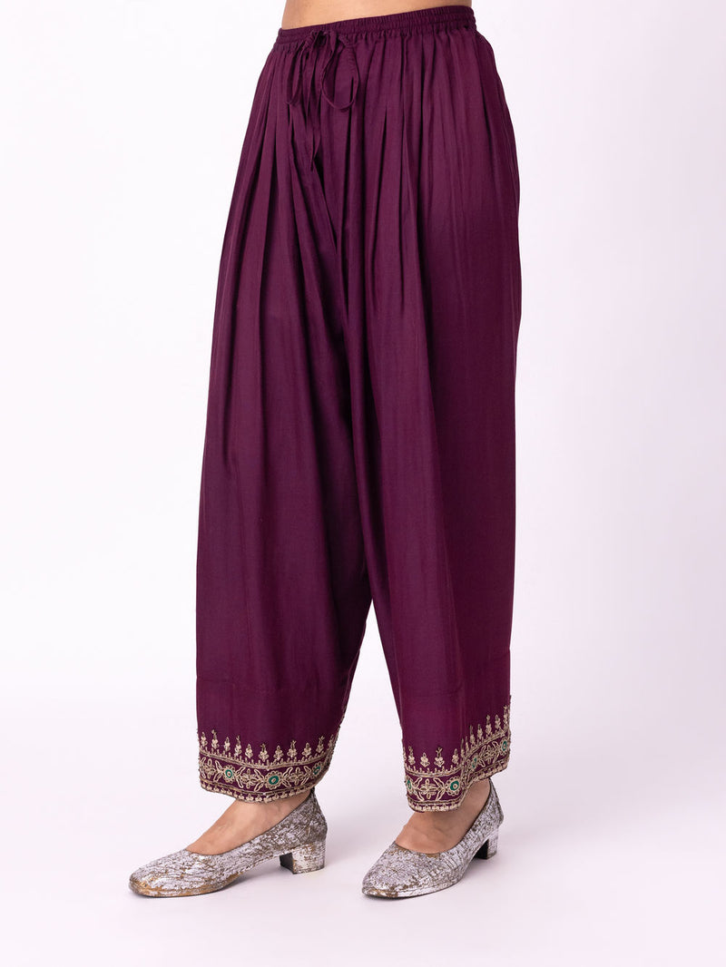 Chaila Salwar silk cotton satin pyjama/salwar by Shades of India in wine for women Worldwide