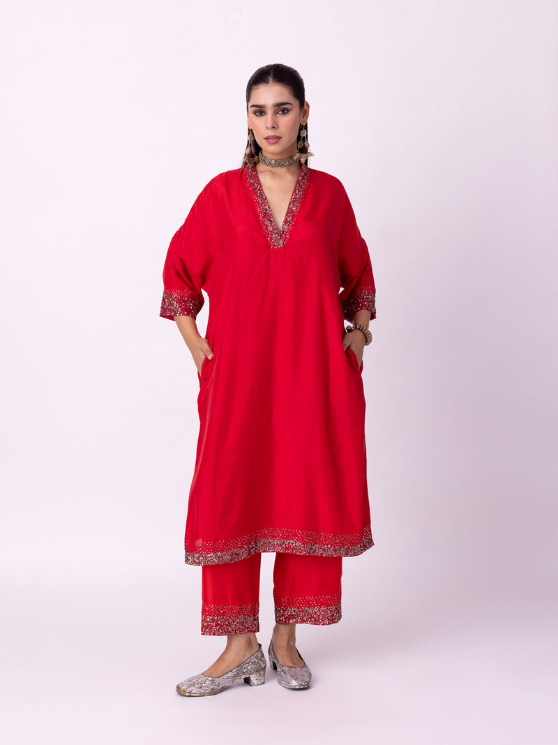 Aangan Kaftan silk indo-western by Shades of India in red for women Worldwide