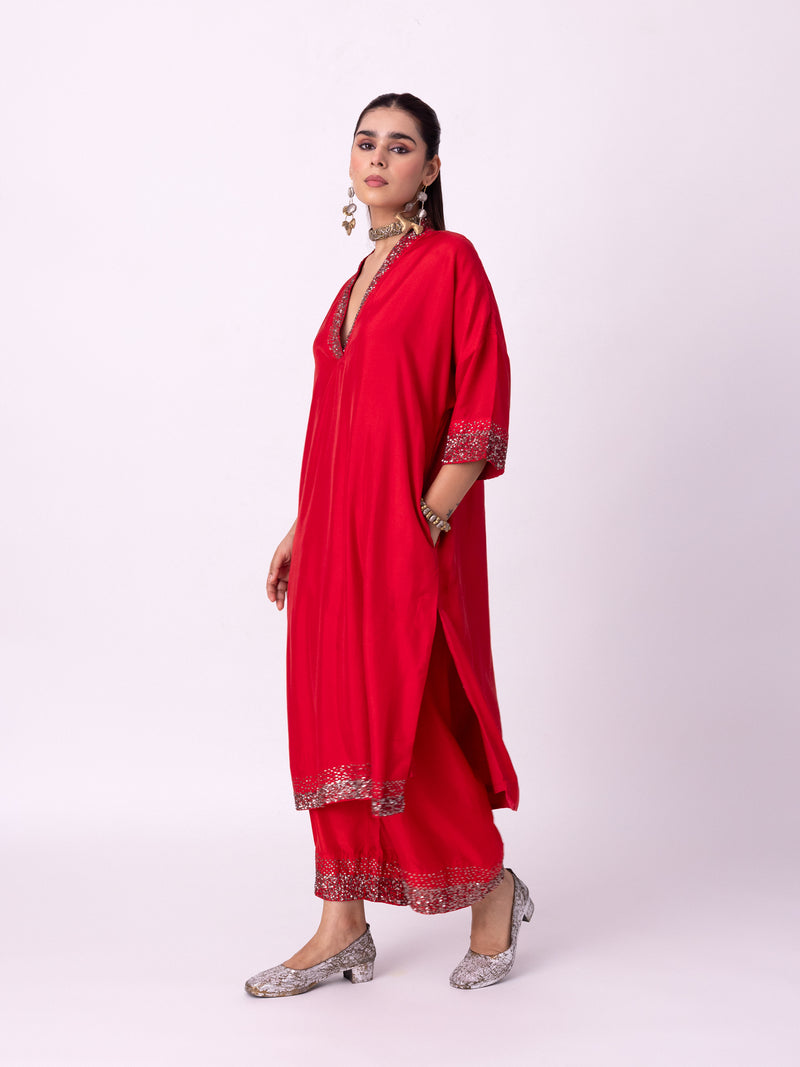 Aangan Kaftan silk indo-western by Shades of India in red for women Worldwide