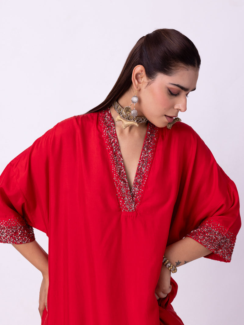 Aangan Kaftan silk indo-western by Shades of India in red for women Worldwide