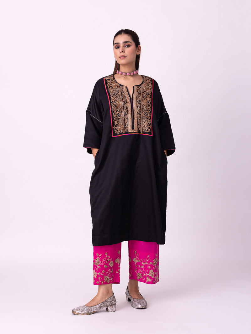 Badaam Kaftan silk cotton satin kurta/kurta set by Shades of India in black for women Worldwide