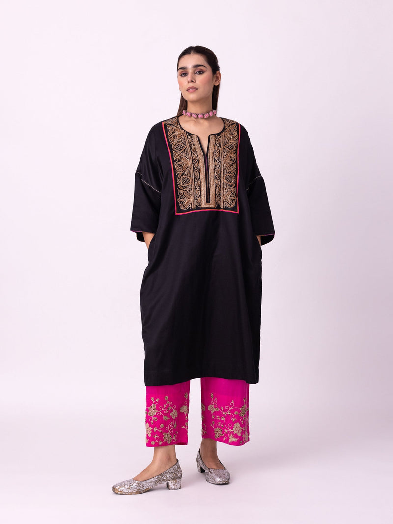 Badaam Kaftan silk cotton satin kurta/kurta set by Shades of India in black for women Worldwide