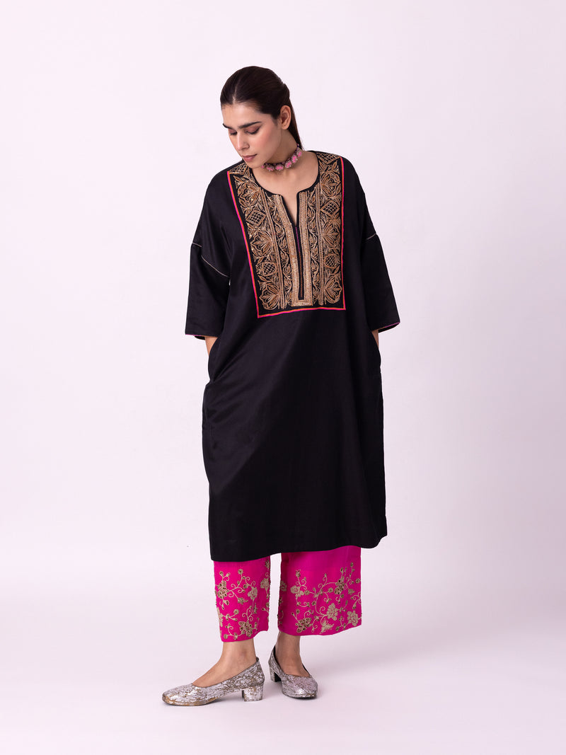 Badaam Kaftan silk cotton satin kurta/kurta set by Shades of India in black for women Worldwide