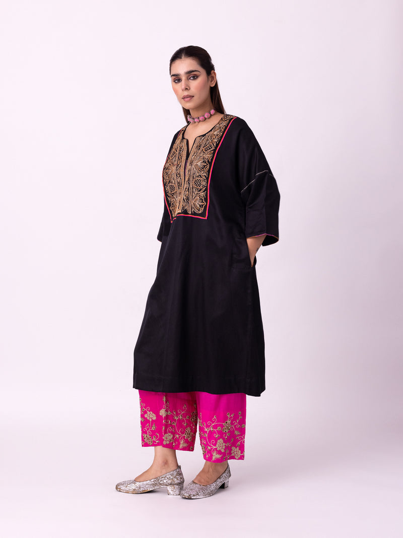 Badaam Kaftan silk cotton satin kurta/kurta set by Shades of India in black for women Worldwide