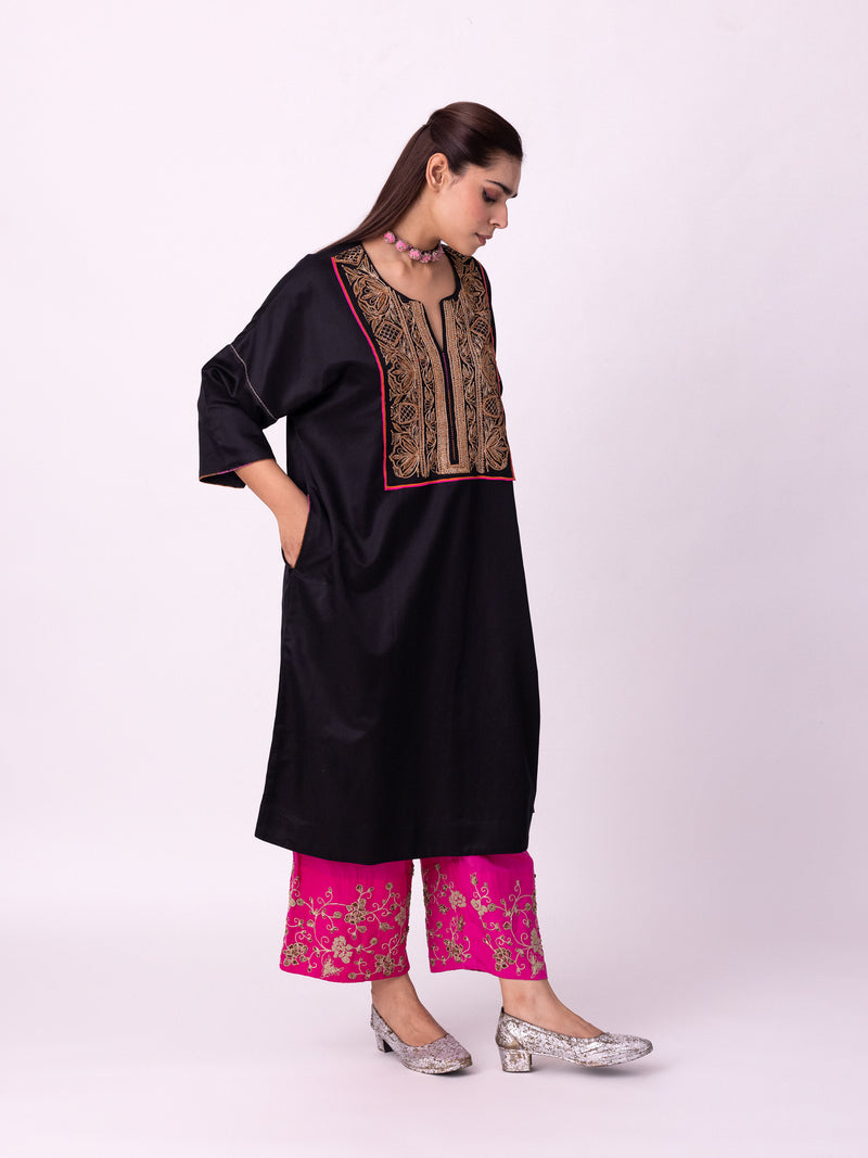 Badaam Kaftan silk cotton satin kurta/kurta set by Shades of India in black for women Worldwide