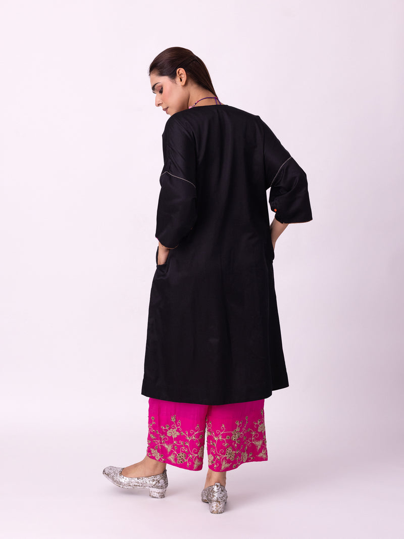 Badaam Kaftan silk cotton satin kurta/kurta set by Shades of India in black for women Worldwide