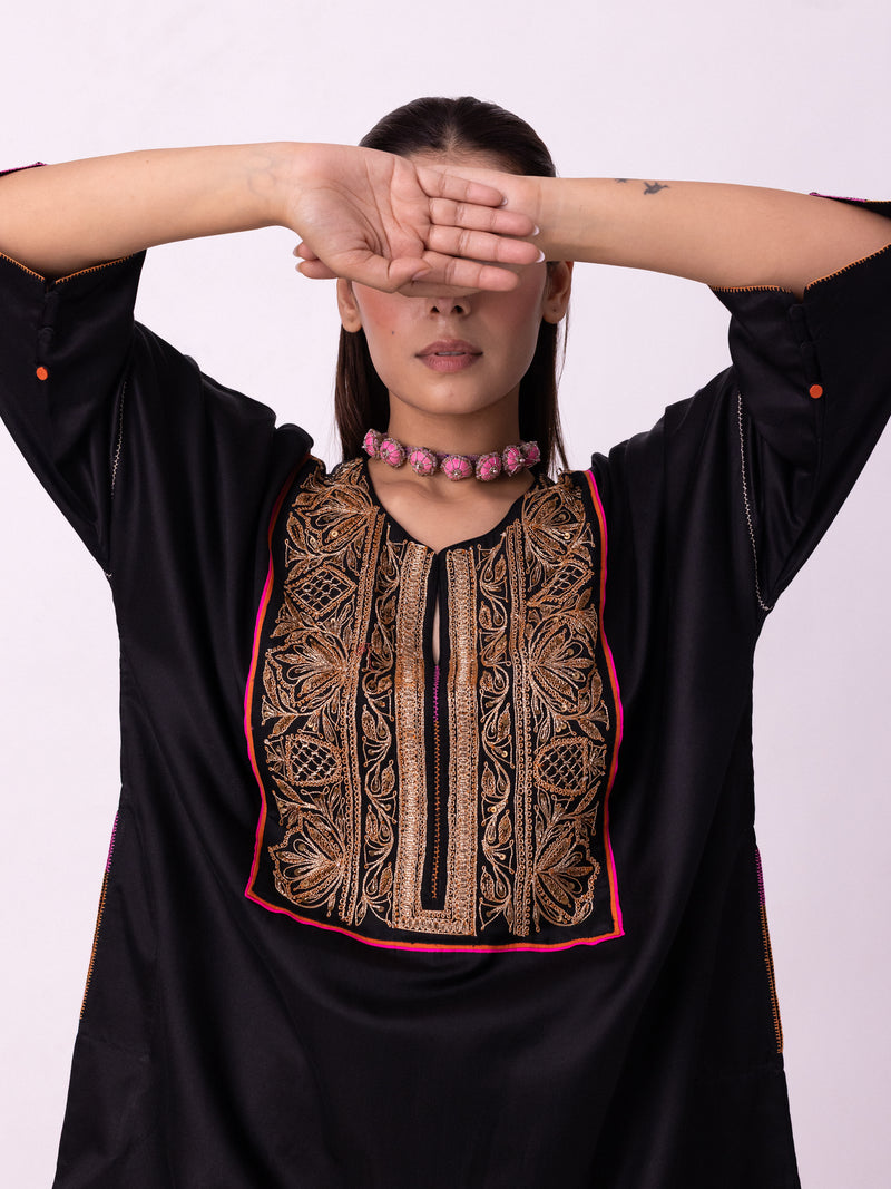 Badaam Kaftan silk cotton satin kurta/kurta set by Shades of India in black for women Worldwide