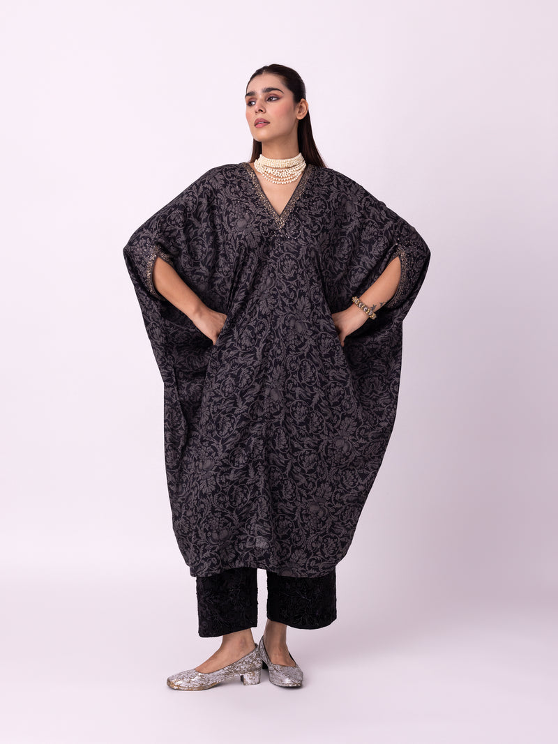 Badla Kaftan silk cotton satin kurta/kurta set by Shades of India in black/charcoal for women Worldwide