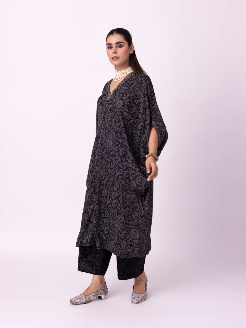 Badla Kaftan silk cotton satin kurta/kurta set by Shades of India in black/charcoal for women Worldwide