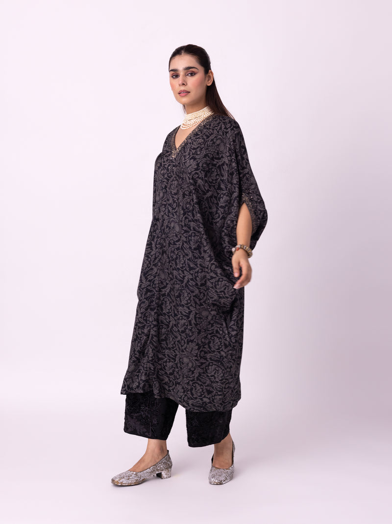 Badla Kaftan silk cotton satin kurta/kurta set by Shades of India in black/charcoal for women Worldwide