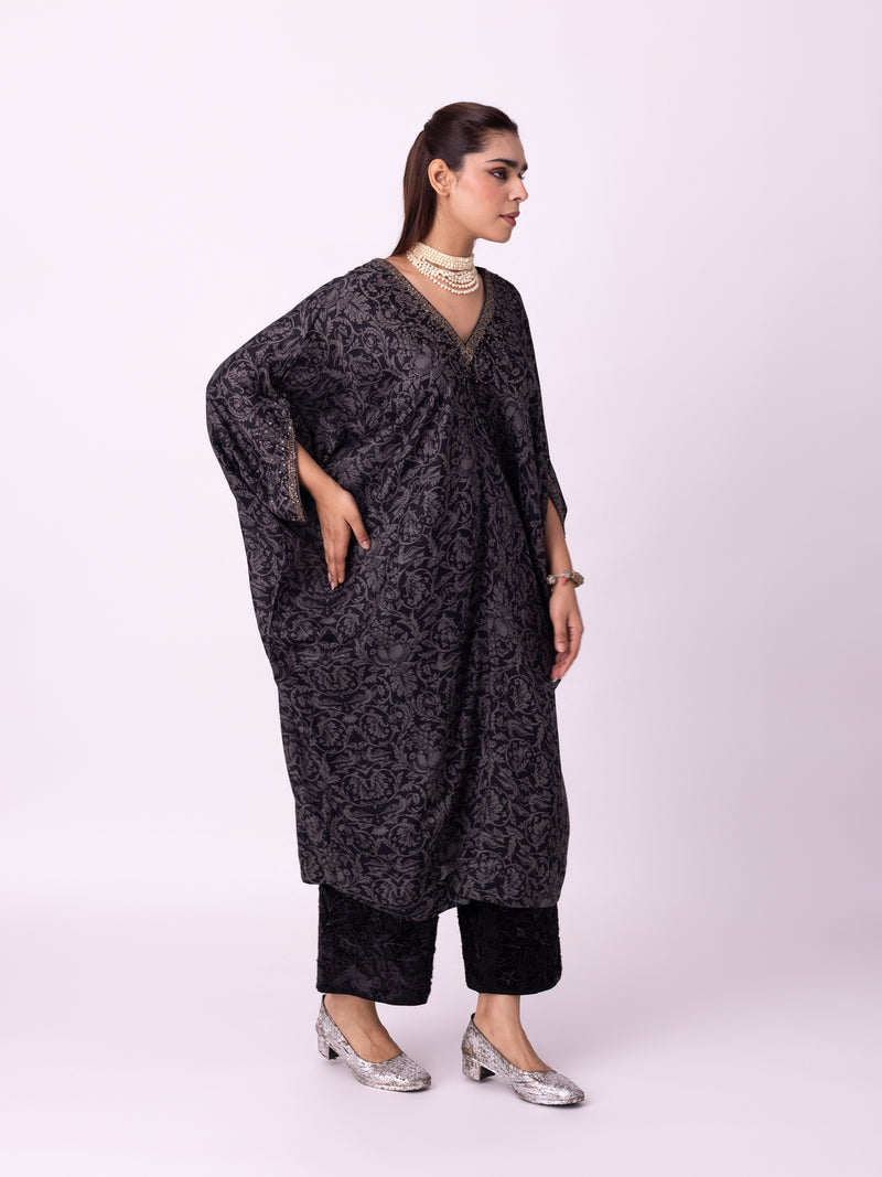 Badla Kaftan silk cotton satin kurta/kurta set by Shades of India in black/charcoal for women Worldwide