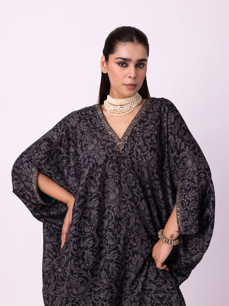 Badla Kaftan silk cotton satin kurta/kurta set by Shades of India in black/charcoal for women Worldwide