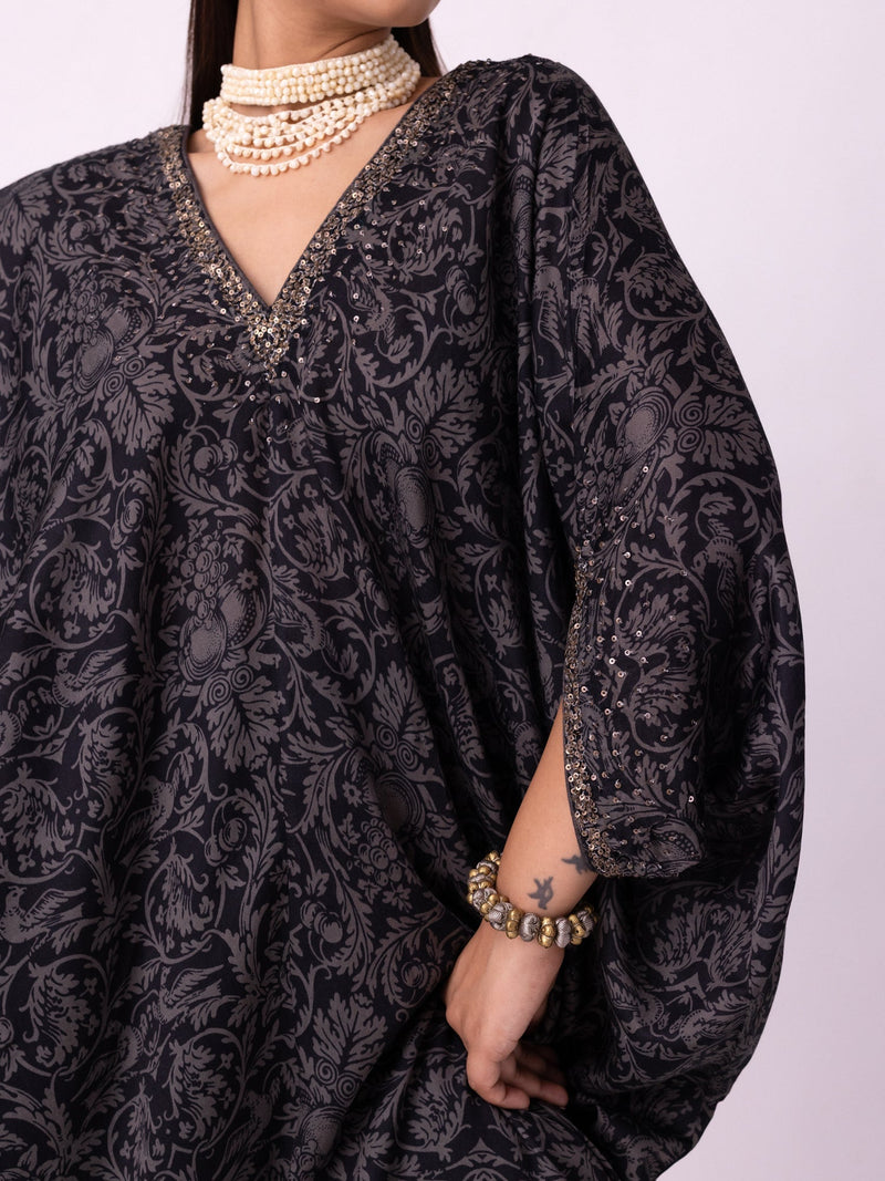 Badla Kaftan silk cotton satin kurta/kurta set by Shades of India in black/charcoal for women Worldwide