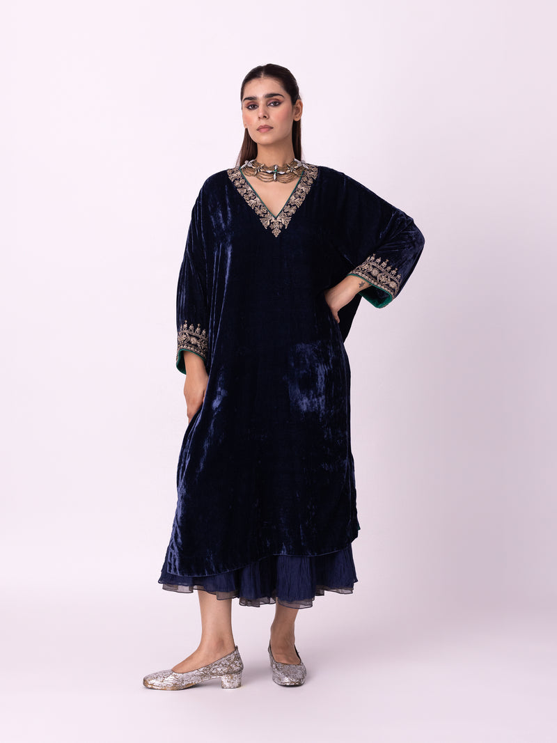 Nawaz Kaftan silk velvet indo-western by Shades of India in blue for women Worldwide